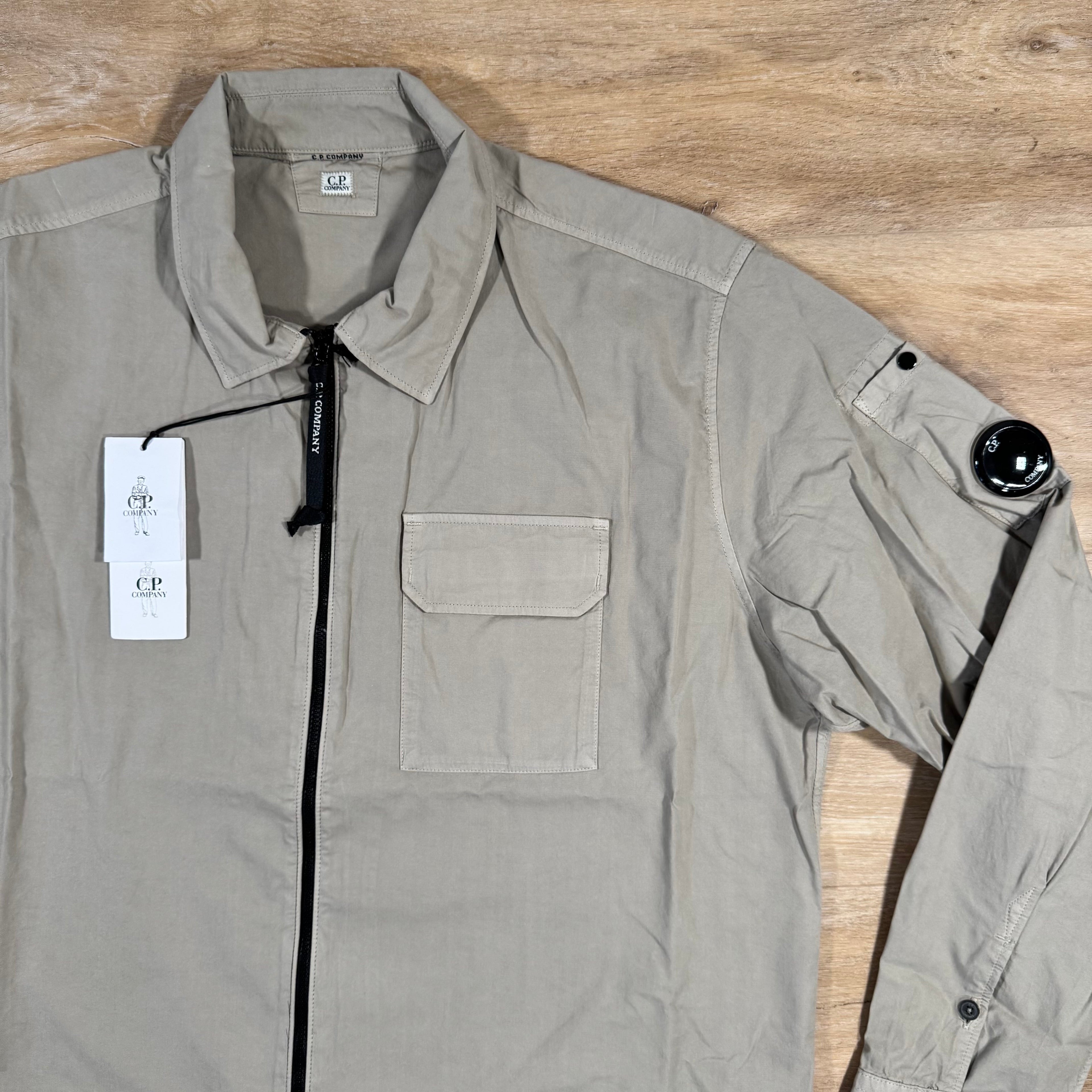 CP Company Organic Gabardine Lens Overshirt in Vintage Khaki