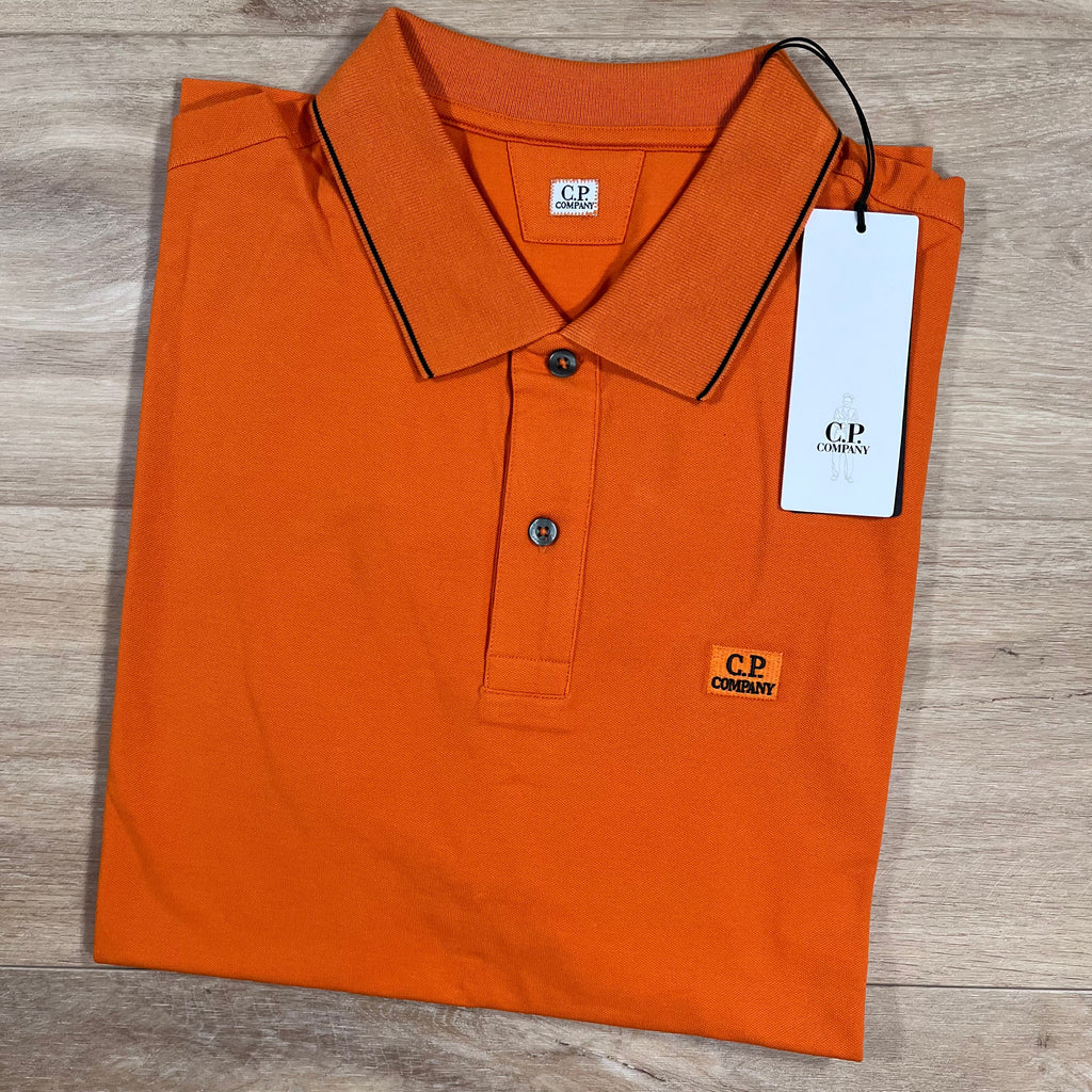 CP Company Stretch Piquet Striped Collar Polo Shirt in Russet Orange