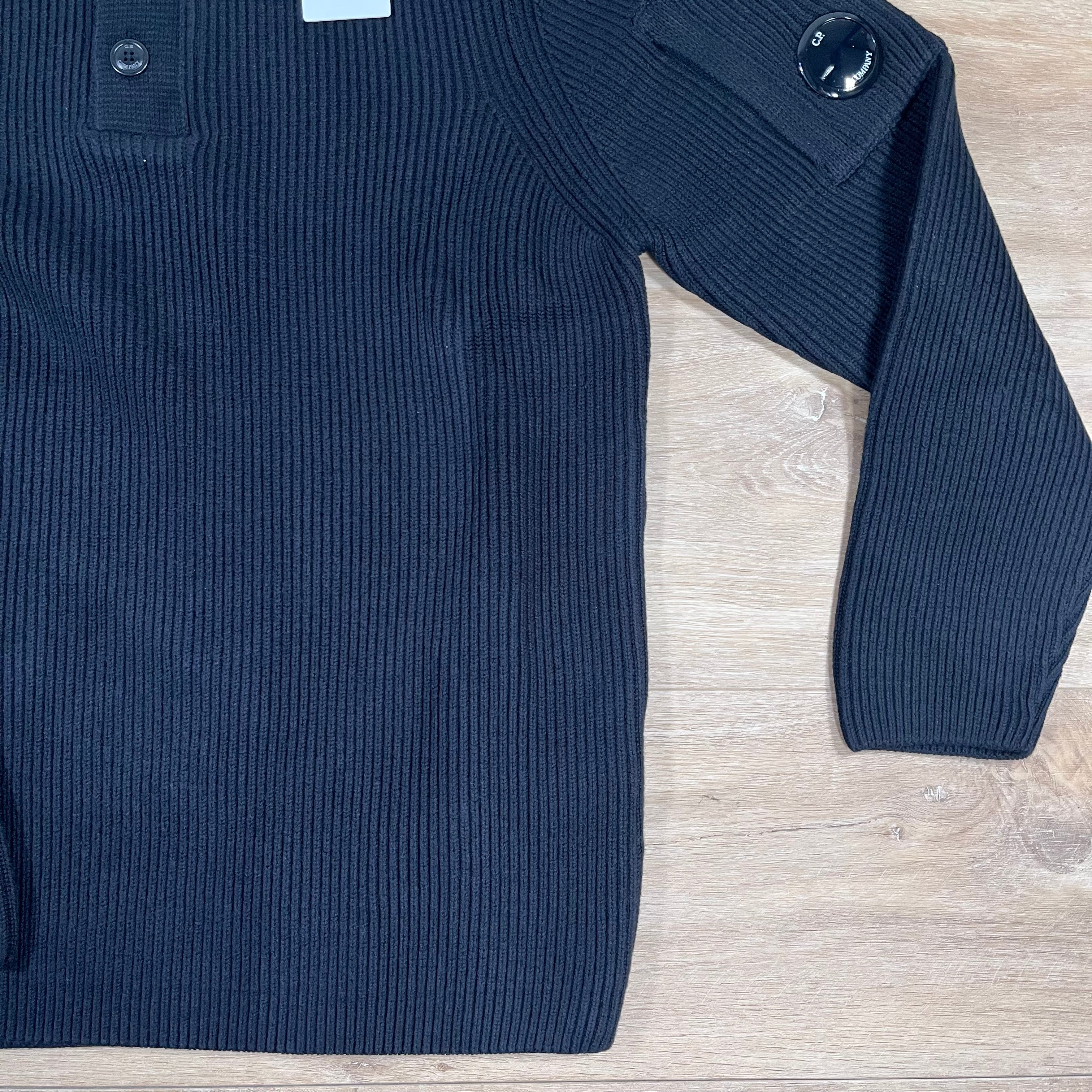 CP Company Full Rib Half-Button Lens Sweater in Black